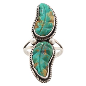 Robin Wood Navajo Sterling Carved Turquoise Leaf Ring Sz. 8.25