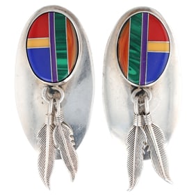 Vintage Navajo Sterling Multi Stone Inlay Dangle Earrings