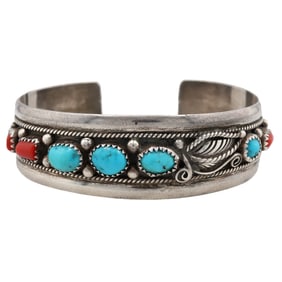 Signed W Navajo Sterling Turquoise Coral Cuff Bracelet
