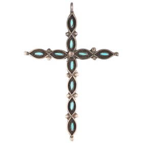 Vintage Zuni Sterling Needlepoint Turquoise Cross Pendant