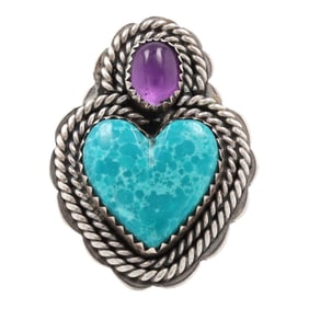 Southwestern Sterling Turquoise Heart Amethyst Ring Sz. 7.75