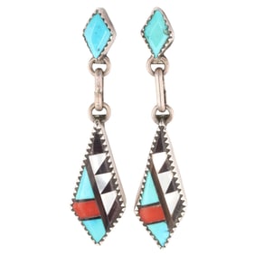 Vintage Navajo Sterling Multi Stone Inlay Dangle Earrings
