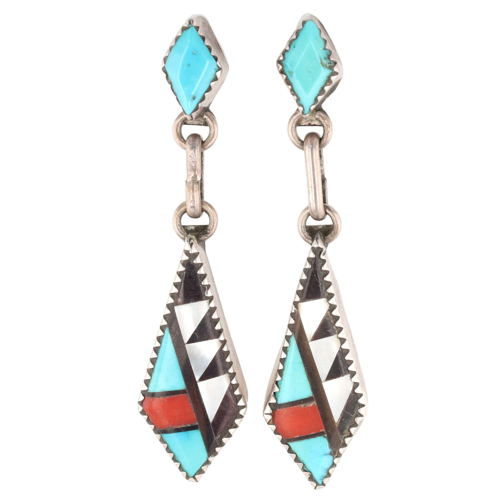 Vintage Navajo Sterling Multi Stone Inlay Dangle Earrings (1 of 3)