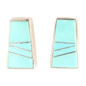 Calvin Begay Navajo Sterling Turquoise Inlay Earrings