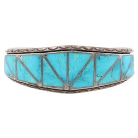 Vintage Navajo Sterling Turquoise Inlay Cuff Bracelet