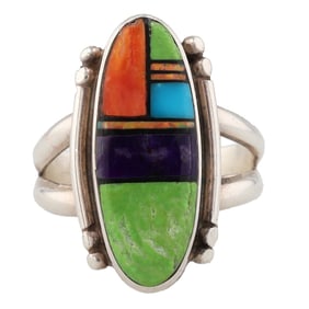 F Martinez Zuni Sterling Multi Stone Inlay Ring Sz. 7