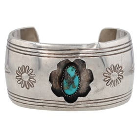 Signed JCT Navajo Sterling Turquoise Shadowbox Cuff Bracelet