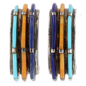 Vintage Zuni Sterling Multi Stone Raised Inlay Earrings