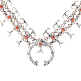 Vintage Navajo Sterling Coral Squash Blossom Necklace