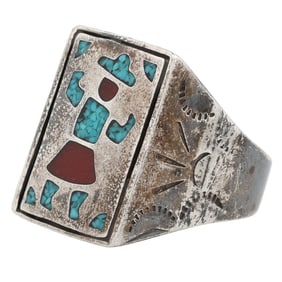 Vintage Navajo Sterling Crushed Kachina Inlay Ring Sz. 11.25