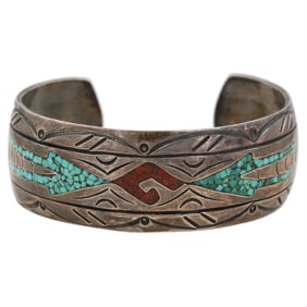 Jimmie Nezzie Navajo Sterling Crushed Inlay Cuff Bracelet