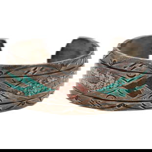 Jimmie Nezzie Navajo Sterling Crushed Inlay Cuff Bracelet: Jimmie Nezzie Navajo Sterling Crushed Inlay Cuff Bracelet 31.5g-Crushed Coral Turquoise
