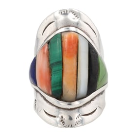 Vintage Navajo Sterling Cobblestone Inlay Ring Sz. 8
