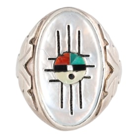 Hustito Zuni Sterling Multi Stone Sunface Inlay Ring Sz. 11