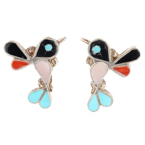 Vintage Zuni Sterling Multi Stone Inlay Earrings