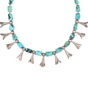 Vintage Navajo Sterling Squash Blossom Turquoise Heishi Necklace