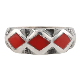 Vintage Navajo Sterling Coral Inlay Ring Sz. 7.5