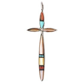 Vintage Zuni Sterling Multi Stone Inlay Cross Pendant