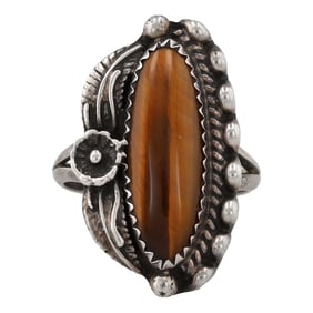 Signed SC Navajo Sterling Tigers Eye Blossom Ring Sz. 8