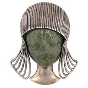 Los Ballesteros Green Obsidian Sterling Face Brooch Pendant