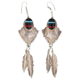 Vintage Navajo Sterling Multi Stone Inlay Dangle Earrings