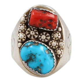 Vintage Navajo Sterling Coral Turquoise Ring Sz. 11