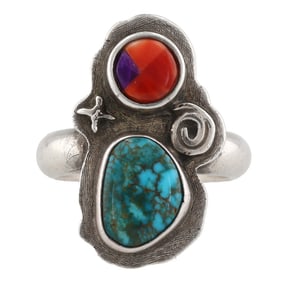 Lyndon B. Tsosie Navajo Sterling Multi Stone Inlay Ring Sz. 9.25