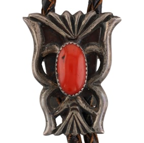 Signed JT Navajo Sterling Coral Bolo Tie