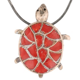 Vintage Zuni Sterling Coral Turtle Pendant