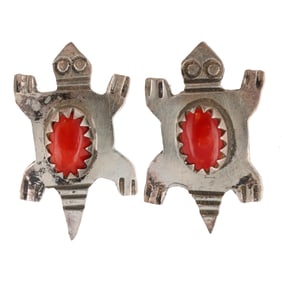 Vintage Zuni Sterling Coral Turtle Earrings