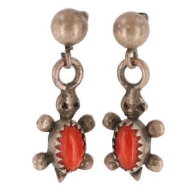 Vintage Zuni Sterling Coral Turtle Earrings