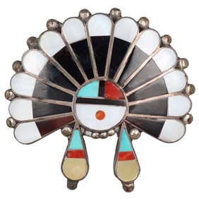 Vintage Zuni Sterling Multi Stone Sunface Inlay Brooch Pendant