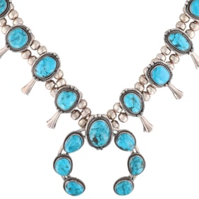 Vintage Navajo Sterling Turquoise Squash Blossom Necklace