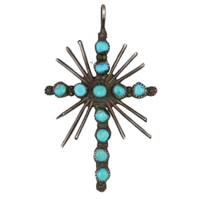 Vintage Zuni Sterling Turquoise Cross Pendant