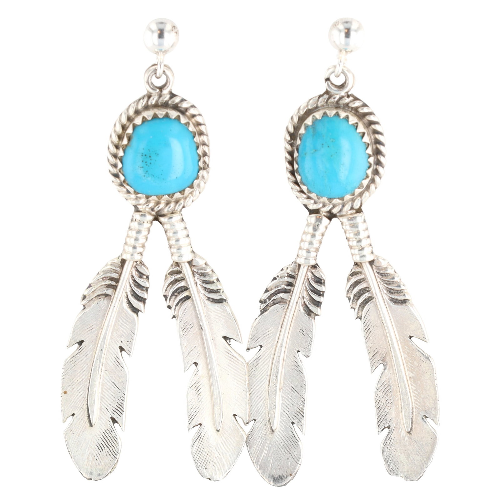 Running Bear Sterling Turquoise Feather Earrings: Running Bear Sterling Turquoise Feather Earrings 7.5g