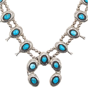Vintage Navajo Sterling Shadow Box Turquoise Squash Blossom