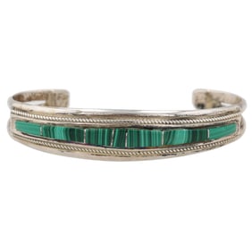 Signed TB Navajo Sterling Malachite Inlay Cuff Bracelet
