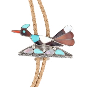 Vintage Zuni Sterling Multi Stone Roadrunner Bolo Tie