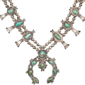 Vintage Navajo Sterling Turquoise Squash Blossom Necklace