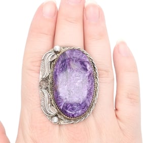 Signed J&B Navajo Sterling Charoite Statement Ring Sz. 9