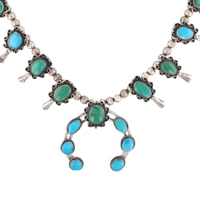 Vintage Navajo Sterling Turquoise Squash Blossom Necklace