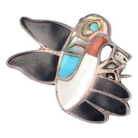 Wesley & Ella Gia Zuni Sterling Hummingbird Inlay Brooch Pendant