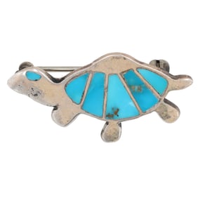 Vintage Navajo Sterling Turquoise Turtle Inlay Brooch