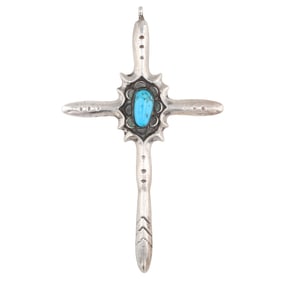 Vintage Navajo Sandcast Sterling Turquoise Cross Pendant