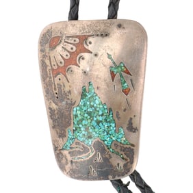 Juan Singer Navajo Sterling Multi Stone Inlay Bolo Tie