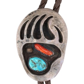 Signed Navajo Sterling Multi Stone Bear Paw Bolo Tie