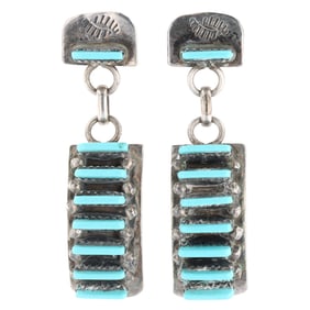 Hand Signed RC Zuni Sterling Needlepoint Turquoise Earrings