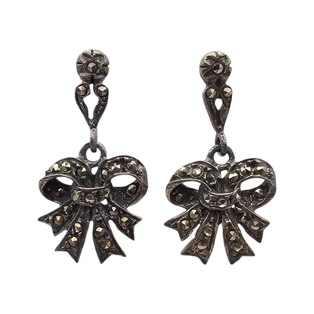 Marcasite Sterling Silver Bow Dangle Earrings 3.1 G (1 of 4)