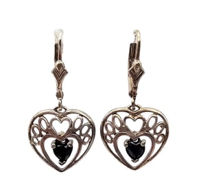 Lab Sapphire Sterling Silver Filigree Heart Dangle Earrings 2.5 G