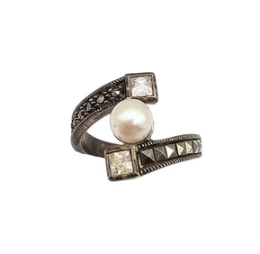 Judith Jack Marcasite Rhinestone Pearl Sterling Silver Ring Size 5.75 3.8 G